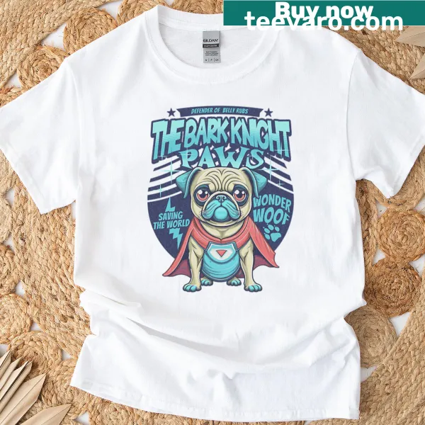 Illustration of a pug as a superhero on a T-shirt
