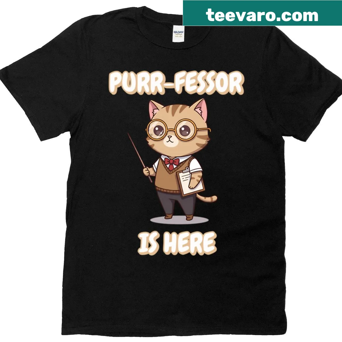 Cute T-shirt with chibi cat graphic saying 'Purr-fessor Is Here' — on a men's t-shirt