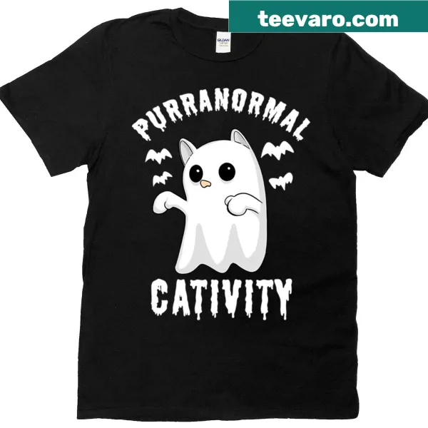 Funny Halloween T-shirt featuring a ghost cat and humorous graphic text