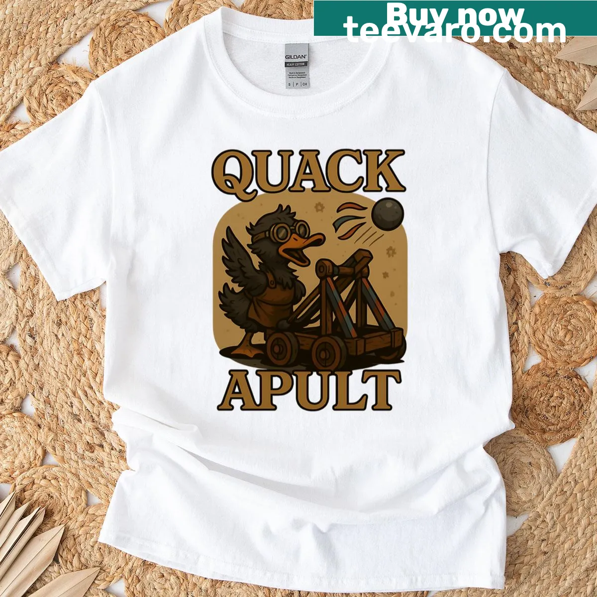Cartoon duck catapult design on a humorous t-shirt — on a men's t-shirt