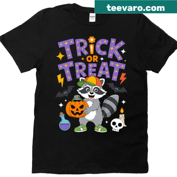 Funny Halloween T-shirt featuring a cartoon raccoon