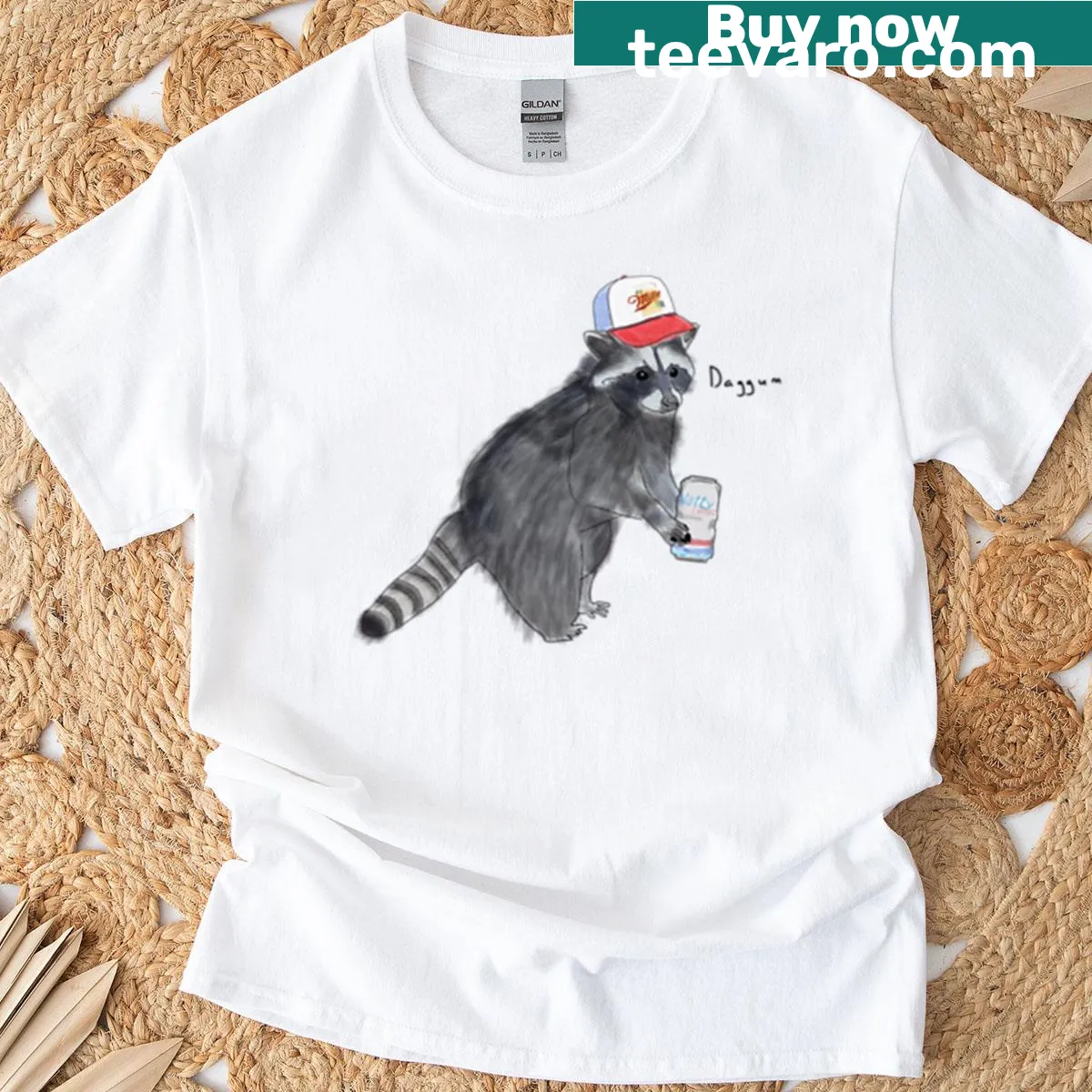 Funny redneck raccoon illustration on an oversized T-shirt — on a men's t-shirt