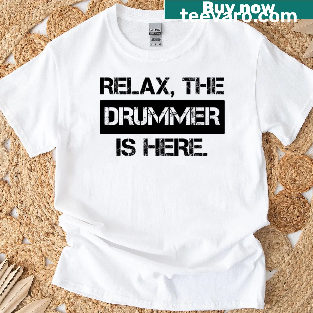 Funny T-shirt with the quote 'Relax The Drummer Is Here' — on a men's t-shirt