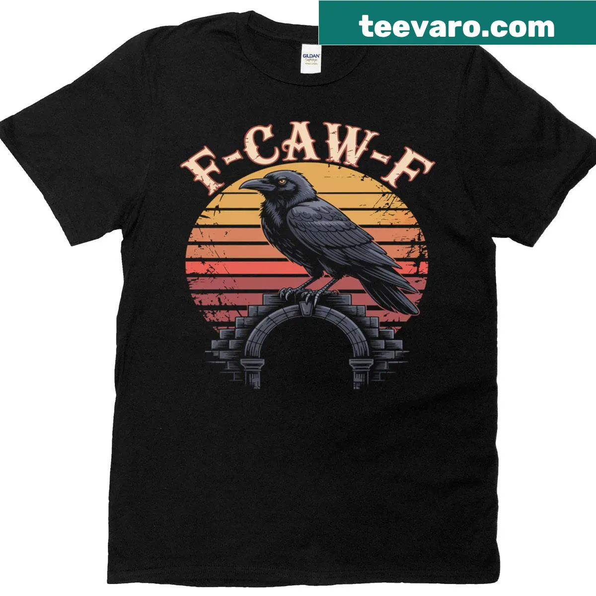 Funny crow graphic t-shirt with 'F-caw-f' text — on a men's t-shirt