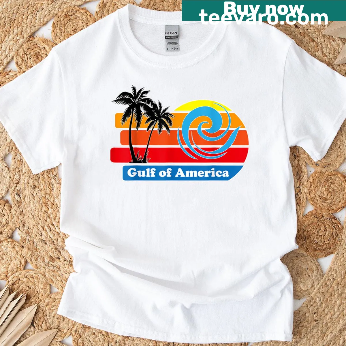 Retro design showcasing Gulf of America sunset on t-shirt — on a men's t-shirt