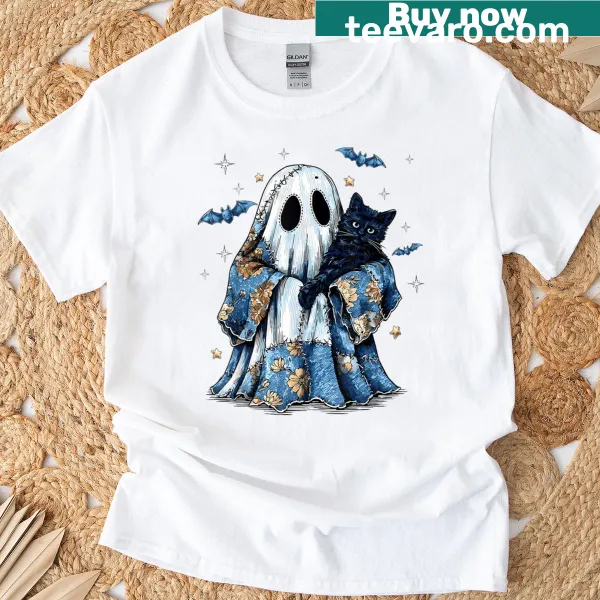 Retro Halloween design with ghost and black cat on t-shirt