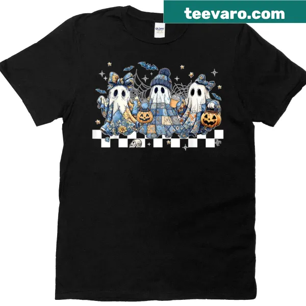 Retro Halloween T-shirt featuring a playful ghost illustration