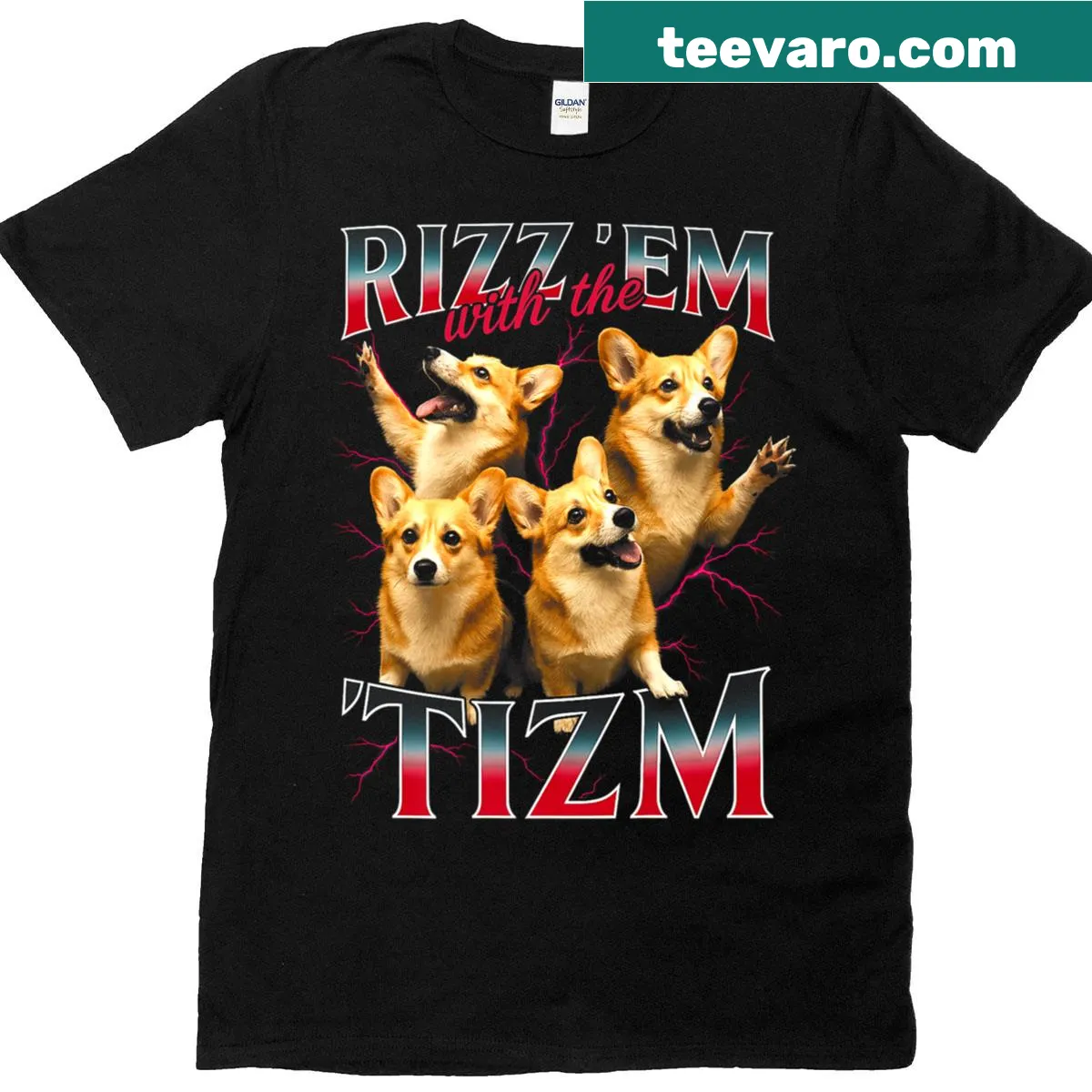 Corgi meme graphic t-shirt with the phrase 'Rizz Em With The Tism' — on a men's t-shirt