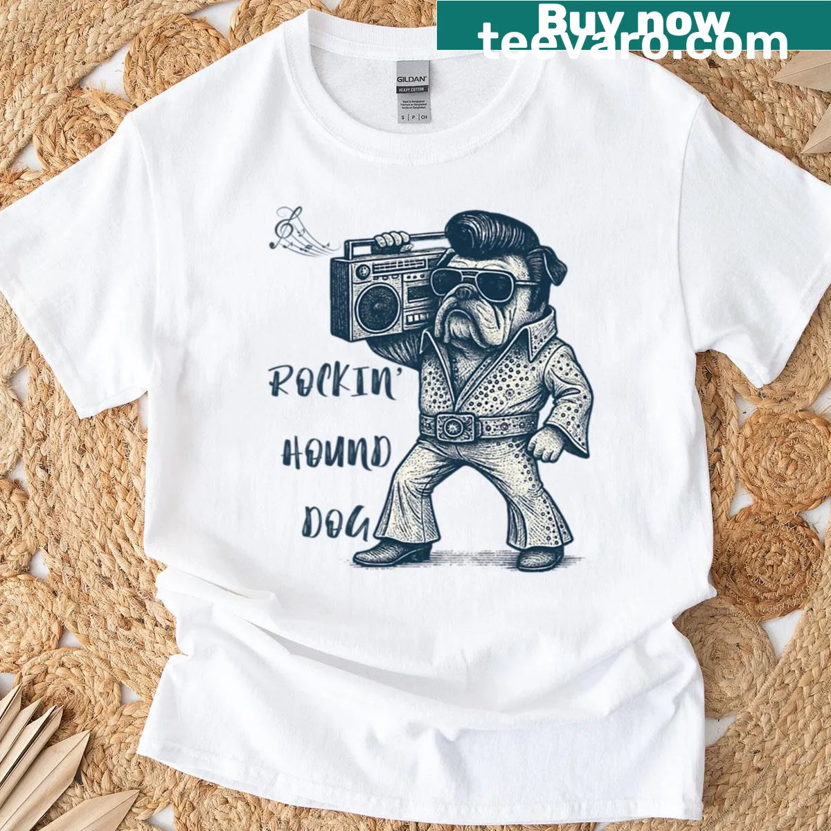Vintage-style bulldog tee with boombox graphic — on a men's t-shirt