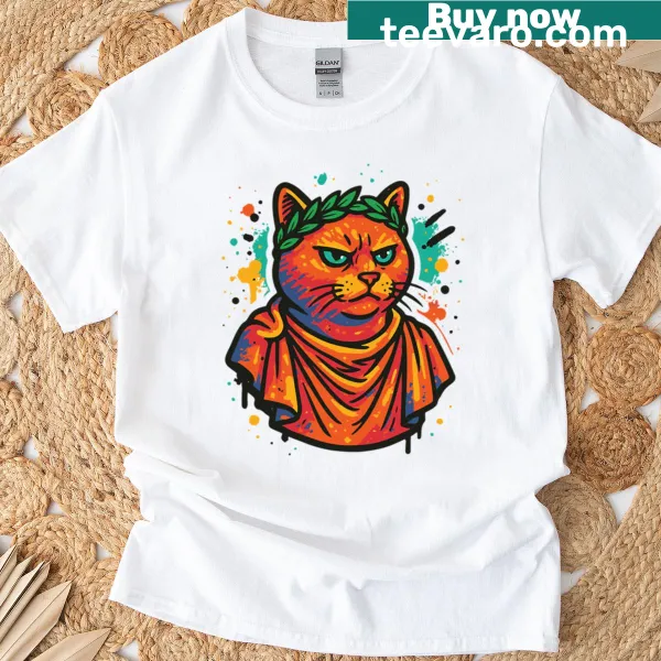 Graphic tee featuring a Roman-themed cat illustration