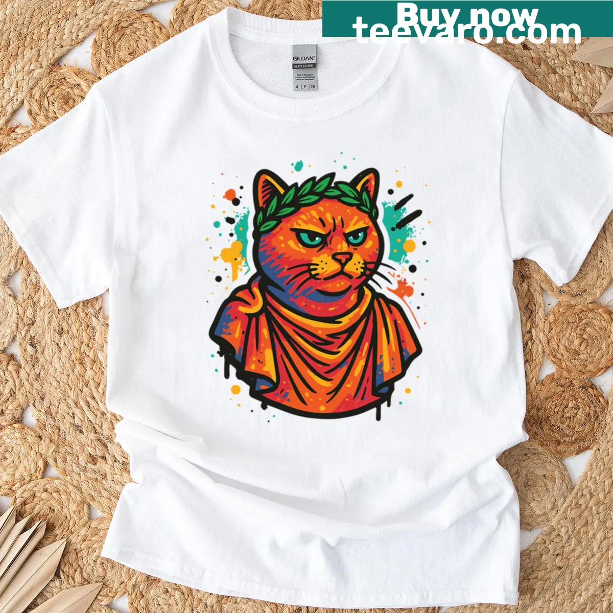 Graphic tee featuring a Roman-themed cat illustration — on a men's t-shirt