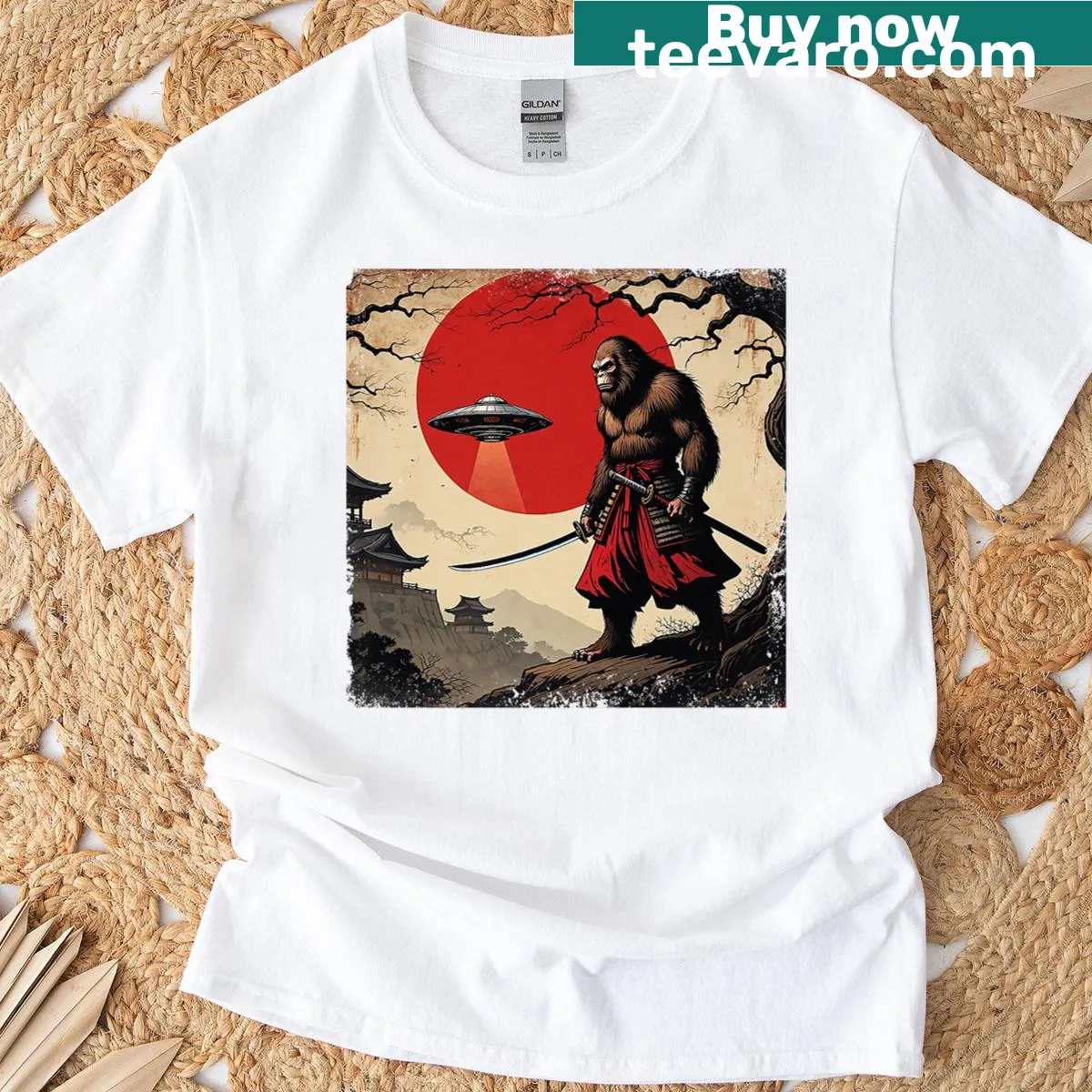 Vintage ukiyo-e style graphic of Bigfoot samurai and UFO — on a men's t-shirt