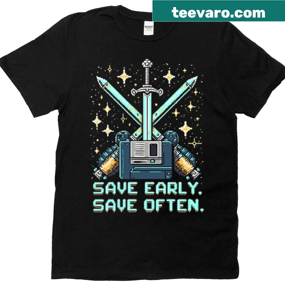 T-shirt with text 'Save Early Save Often' promoting financial wisdom — on a men's t-shirt