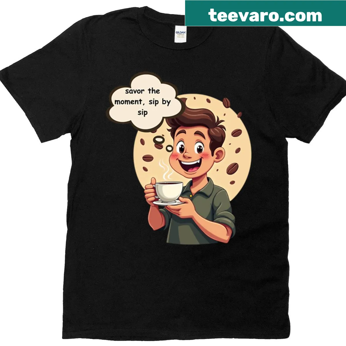 Cartoon art T-shirt featuring a coffee theme and inspirational text — on a men's t-shirt