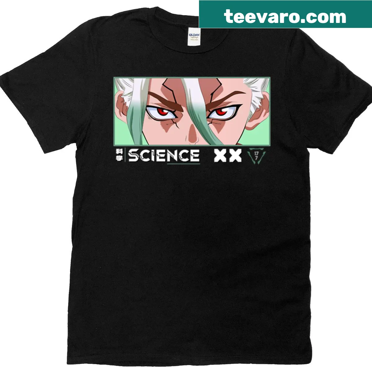 Anime eyes graphic T-shirt with a science theme — on a men's t-shirt