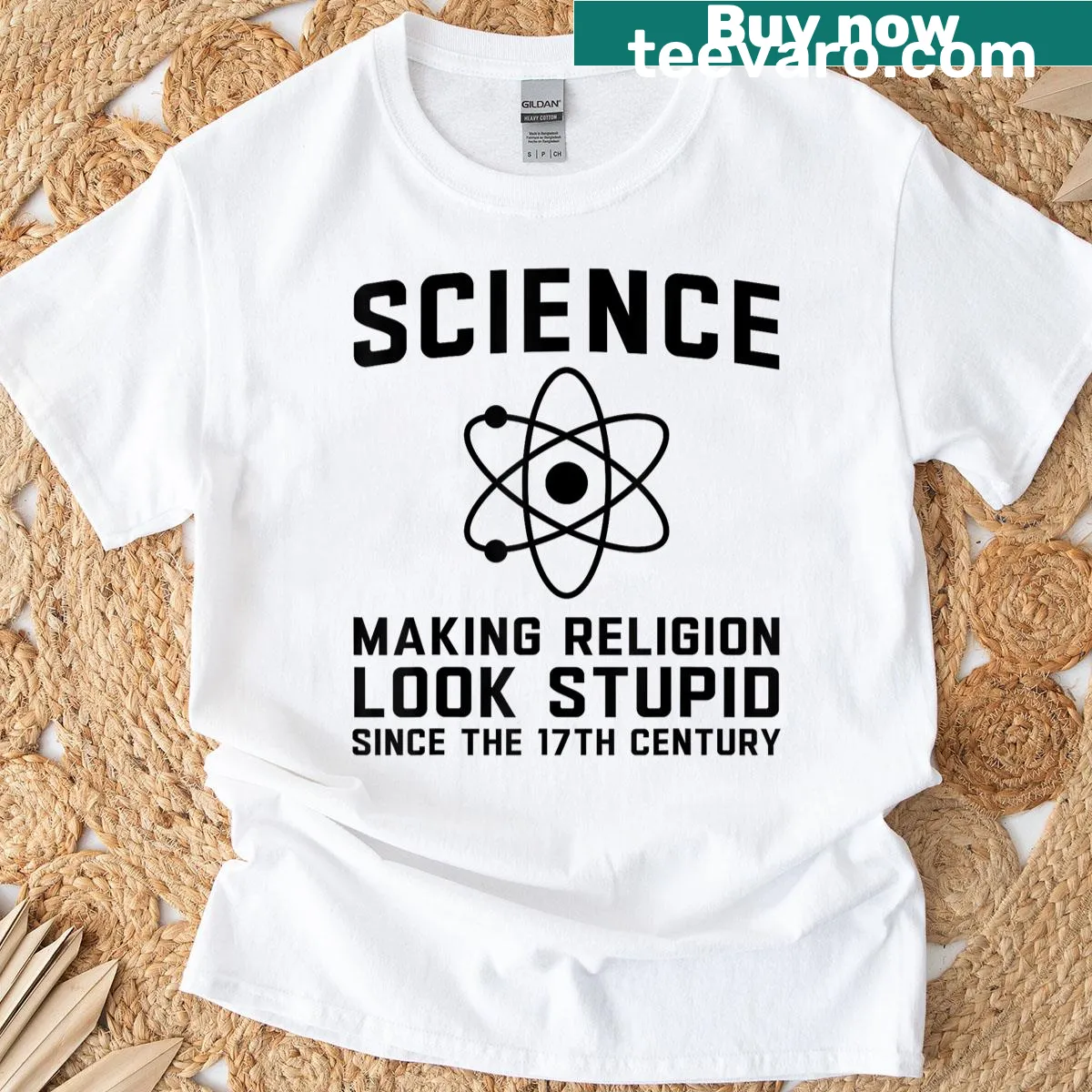 Bold typography T-shirt stating science makes religion look stupid since the 17th century — on a men's t-shirt