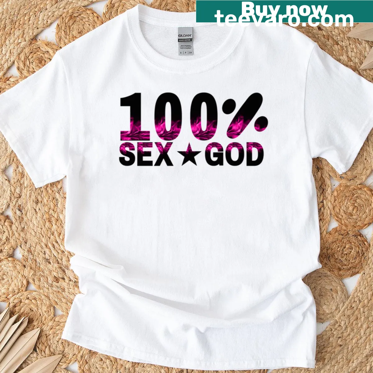 Oversized tee with bold 'Sex God' text for a humorous touch — on a men's t-shirt