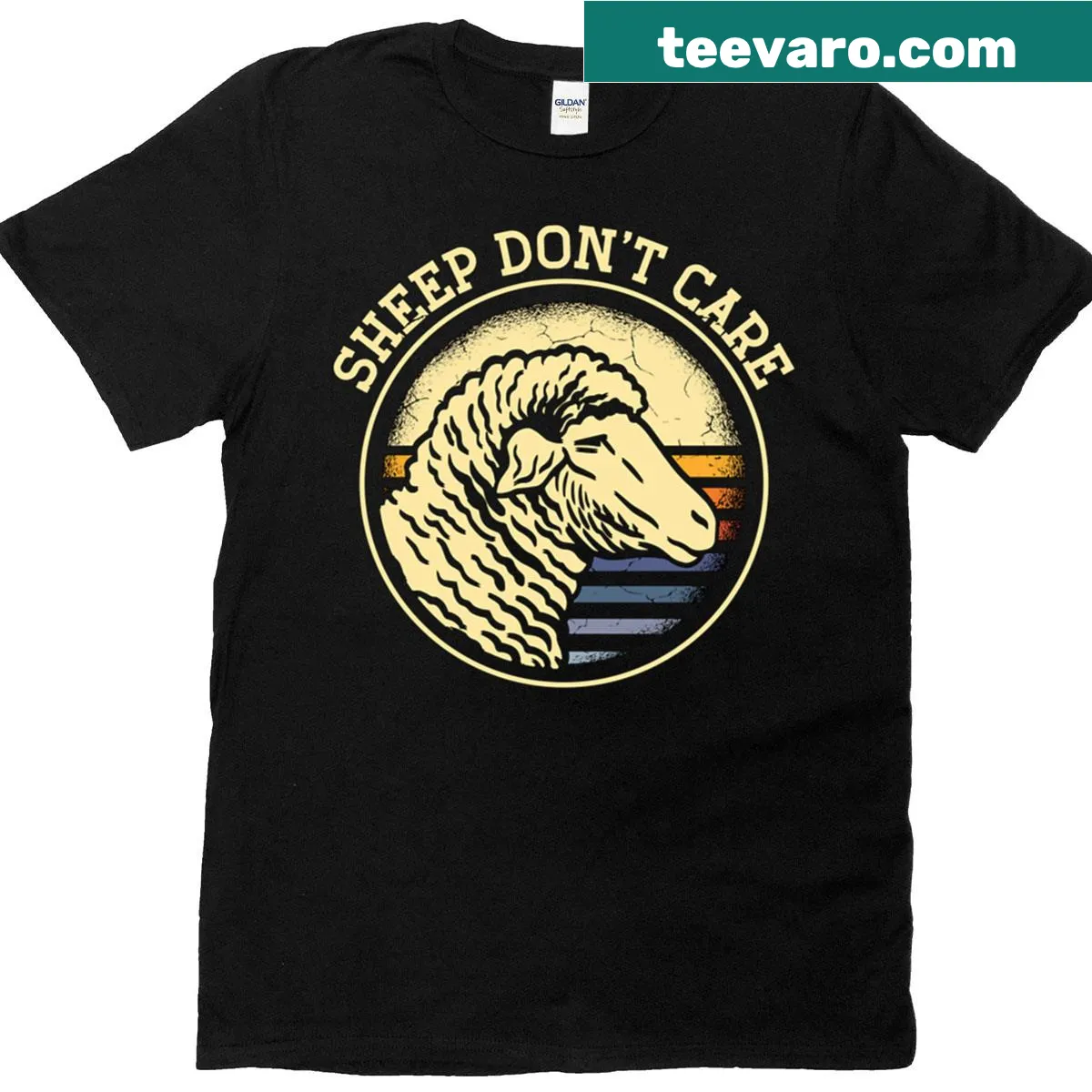 T-shirt with sheep and goat illustrations and 'Sheep Don't Care' text — on a men's t-shirt