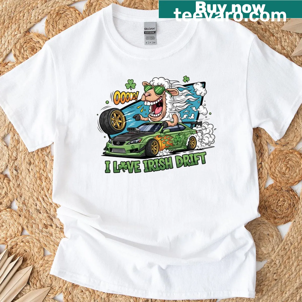 Sheep driving a drift car with 'I Love Irish Drift' text — on a men's t-shirt