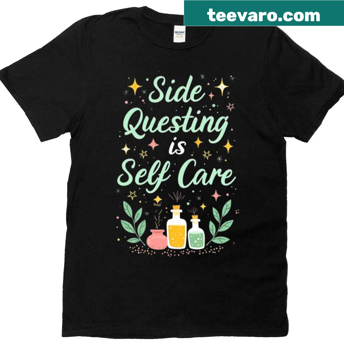Inspirational T-shirt with text about side questing and self care — on a men's t-shirt