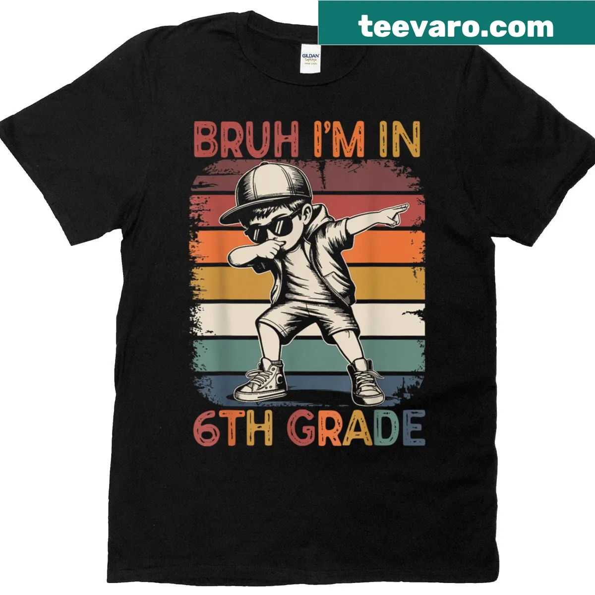 Illustration of a dabbing boy with the text 'Bruh, I'm in 6th Grade' on a t-shirt — on a men's t-shirt