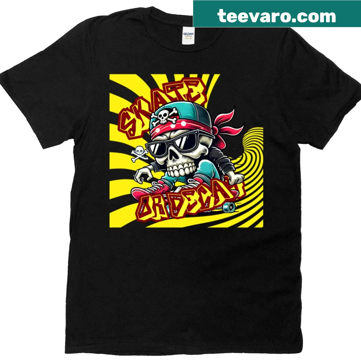 Edgy skateboard-themed skull graphic on a t-shirt — on a men's t-shirt