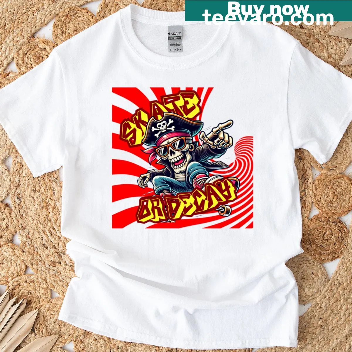 Bold skateboard-themed skull graphic on an oversized t-shirt — on a men's t-shirt