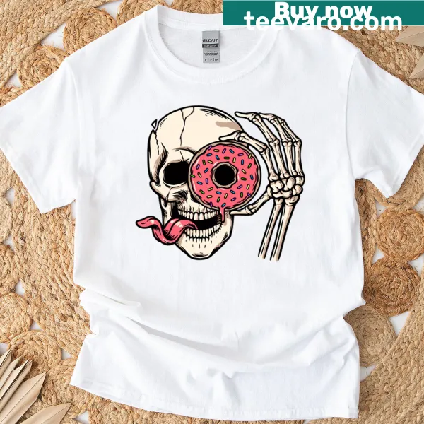 Cute skull illustration with donut eyes on a Halloween t-shirt