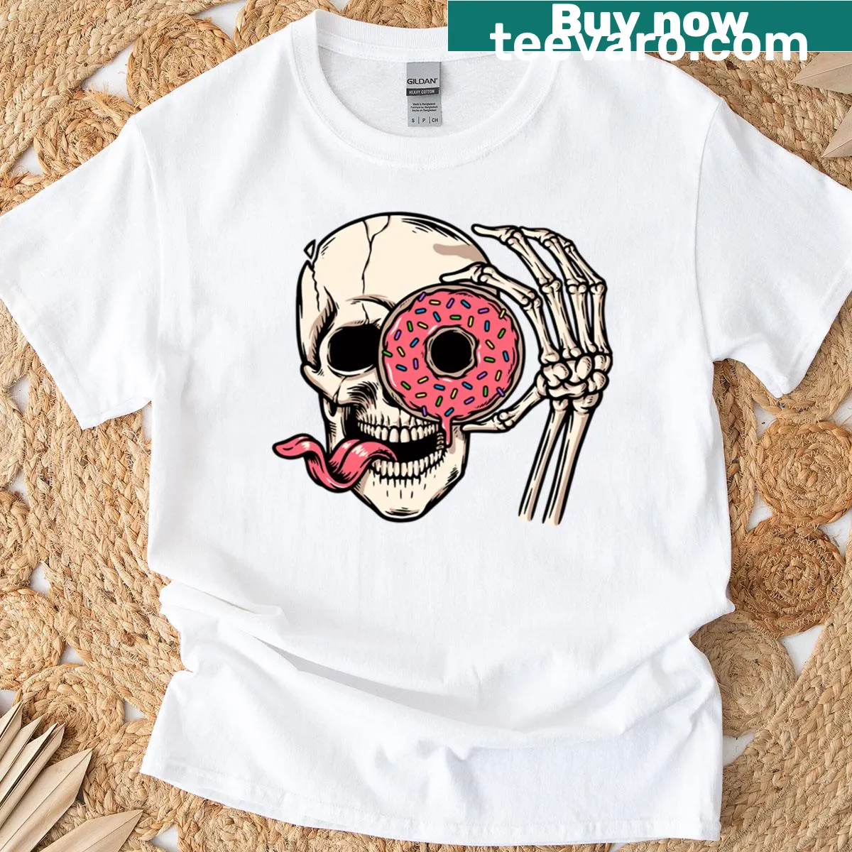 Cute skull illustration with donut eyes on a Halloween t-shirt — on a men's t-shirt