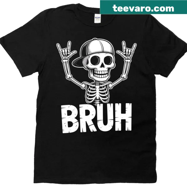 Playful skeleton graphic with rock on gesture for Halloween T-shirt
