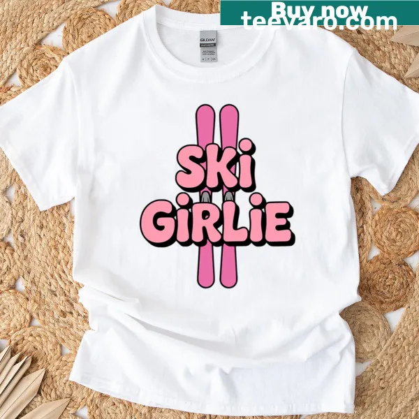 Pink T-shirt featuring a playful skiing graphic designed for women.