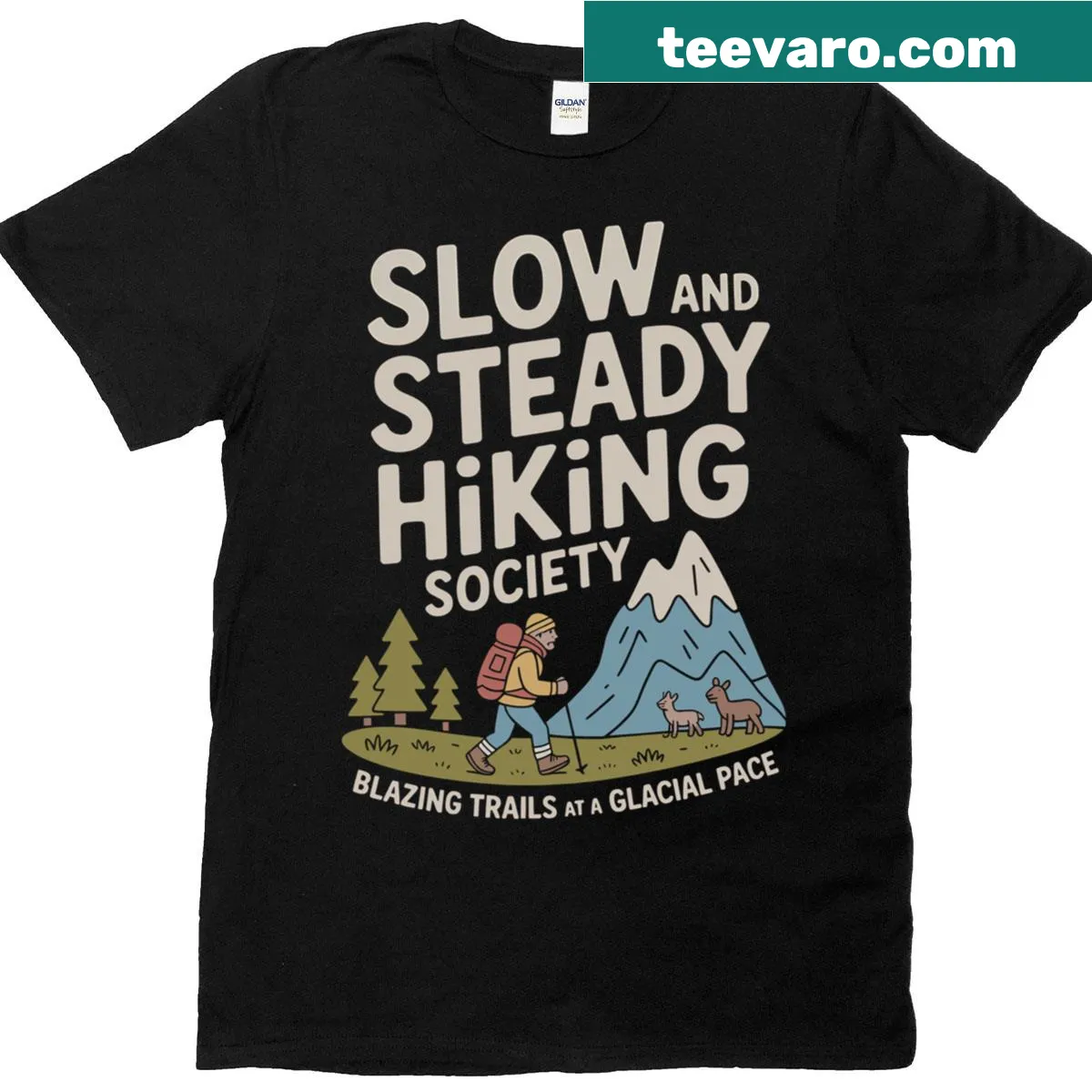 Vintage hiking-themed T-shirt with text about slow hiking society — on a men's t-shirt