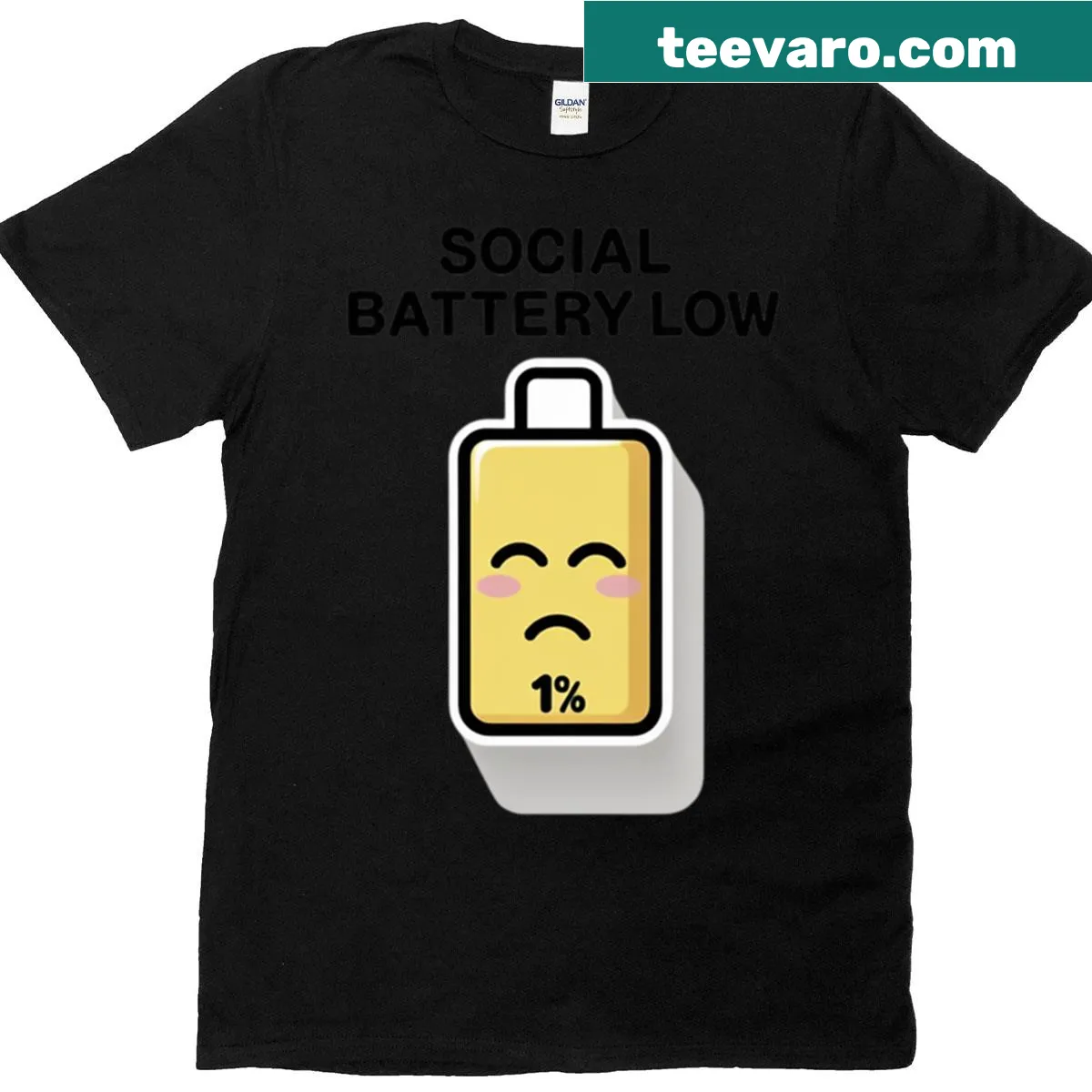 Graphic t-shirt with the text 'Social Battery Low' in a fun font — on a men's t-shirt