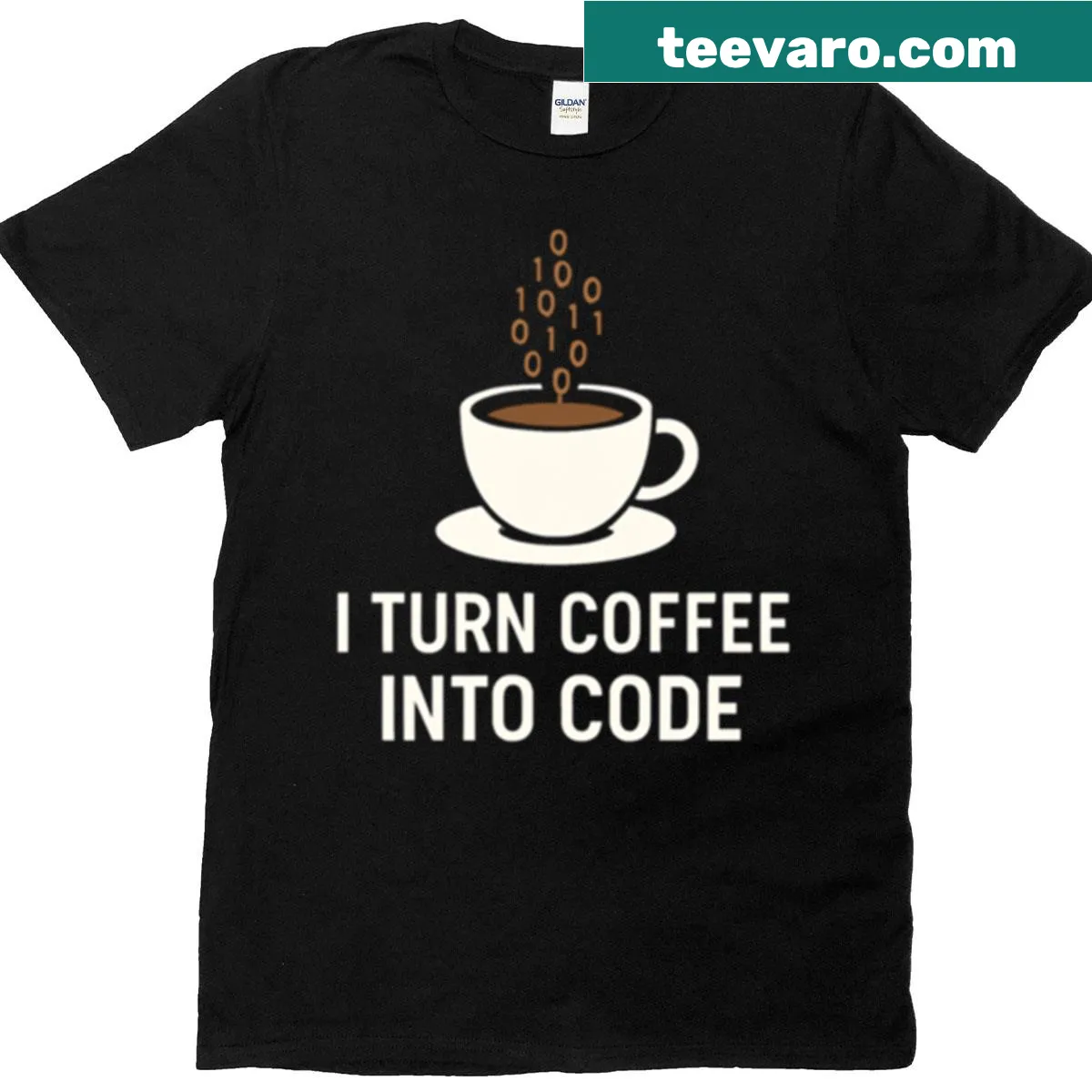 Funny programmer t-shirt with coffee and code saying — on a men's t-shirt