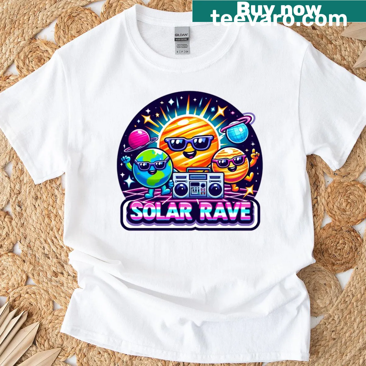 Bold typography with solar rave theme on a t-shirt — on a men's t-shirt