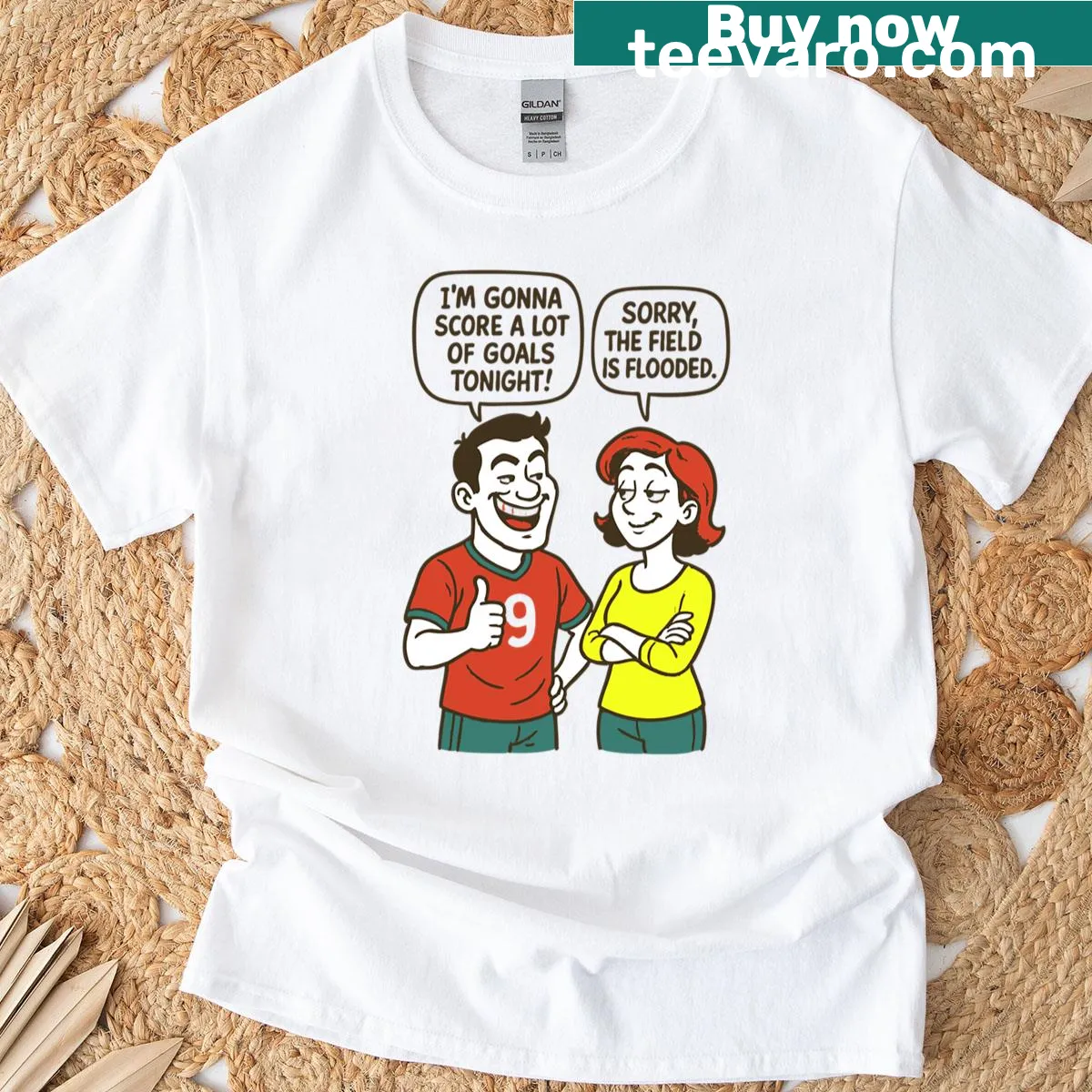 Funny couple T-shirt featuring soccer joke 'Sorry The Field Is Blooded' — on a men's t-shirt
