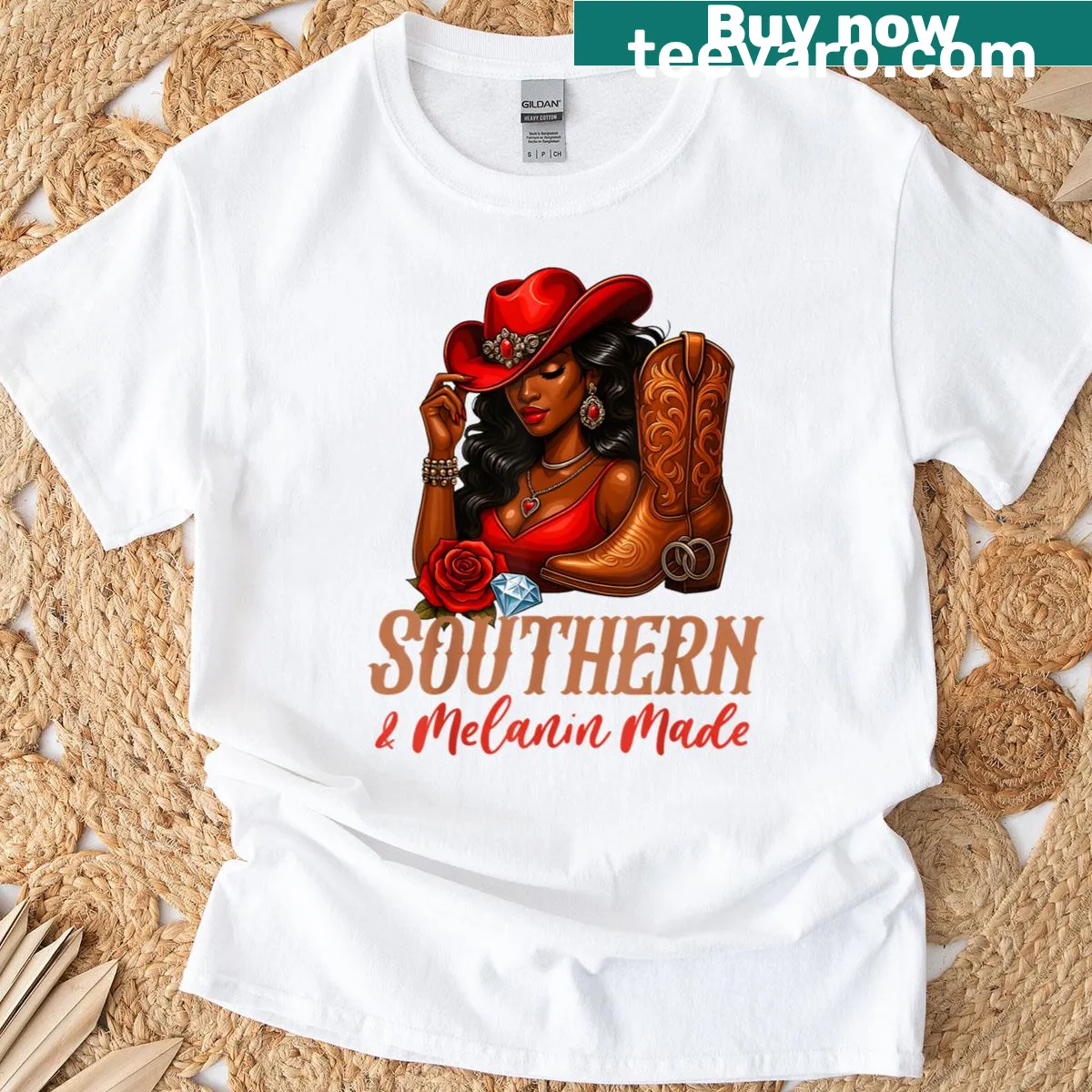 Illustration of a cowgirl with 'Southern Melanin Made' text — on a men's t-shirt