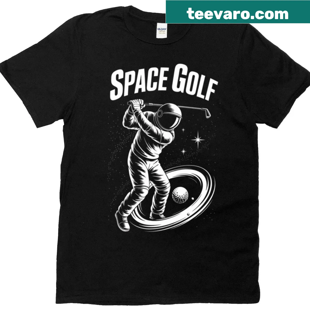 Humorous Space Golf t-shirt with a clever design — on a men's t-shirt