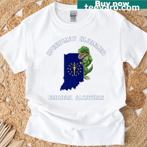 T-shirt with 'Speedway Slammer' text, featuring racing and Alcatraz themes