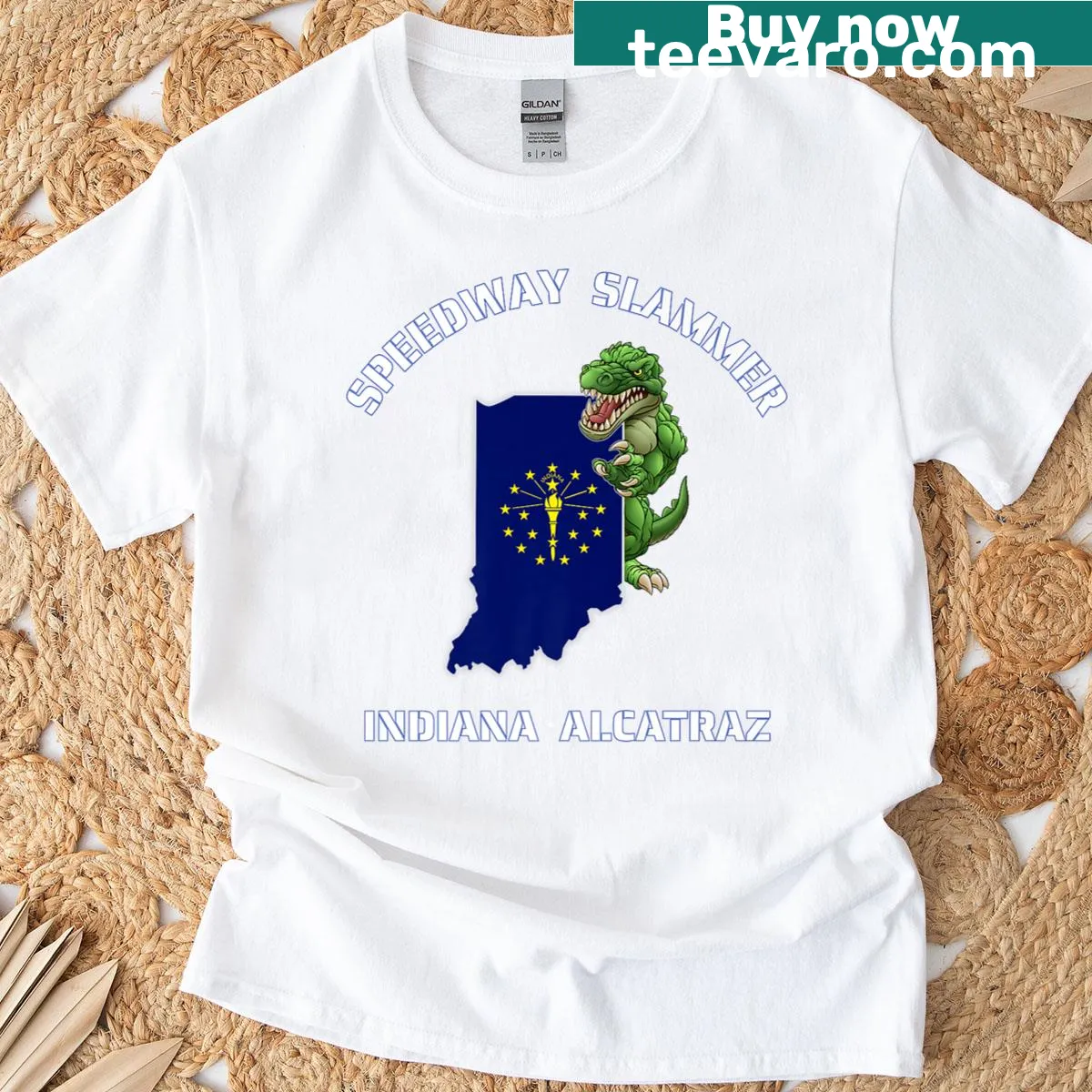 T-shirt with 'Speedway Slammer' text, featuring racing and Alcatraz themes — on a men's t-shirt