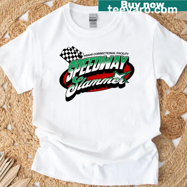 Bold graphic design inspired by motorsport and correctional themes on a t-shirt