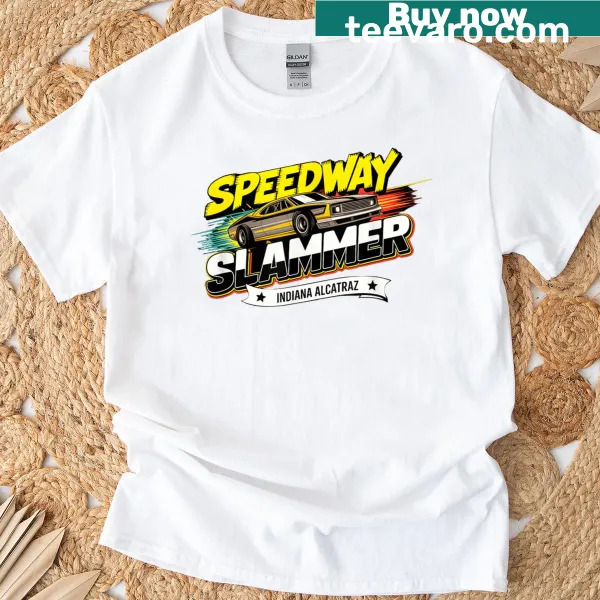 Energetic graphic featuring a racing theme with 'Speedway Slammer' text