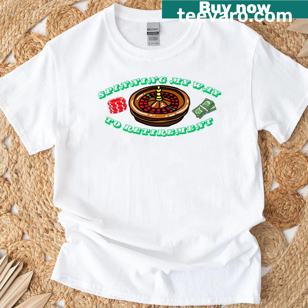 Funny retirement t-shirt with spinning wheels graphic design — on a men's t-shirt