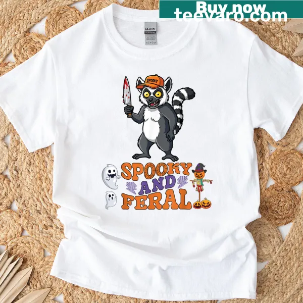 Funny T-shirt with a lemur and bloody knife for Halloween