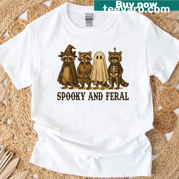 Vintage-style Halloween T-shirt featuring a cute ghost raccoon.