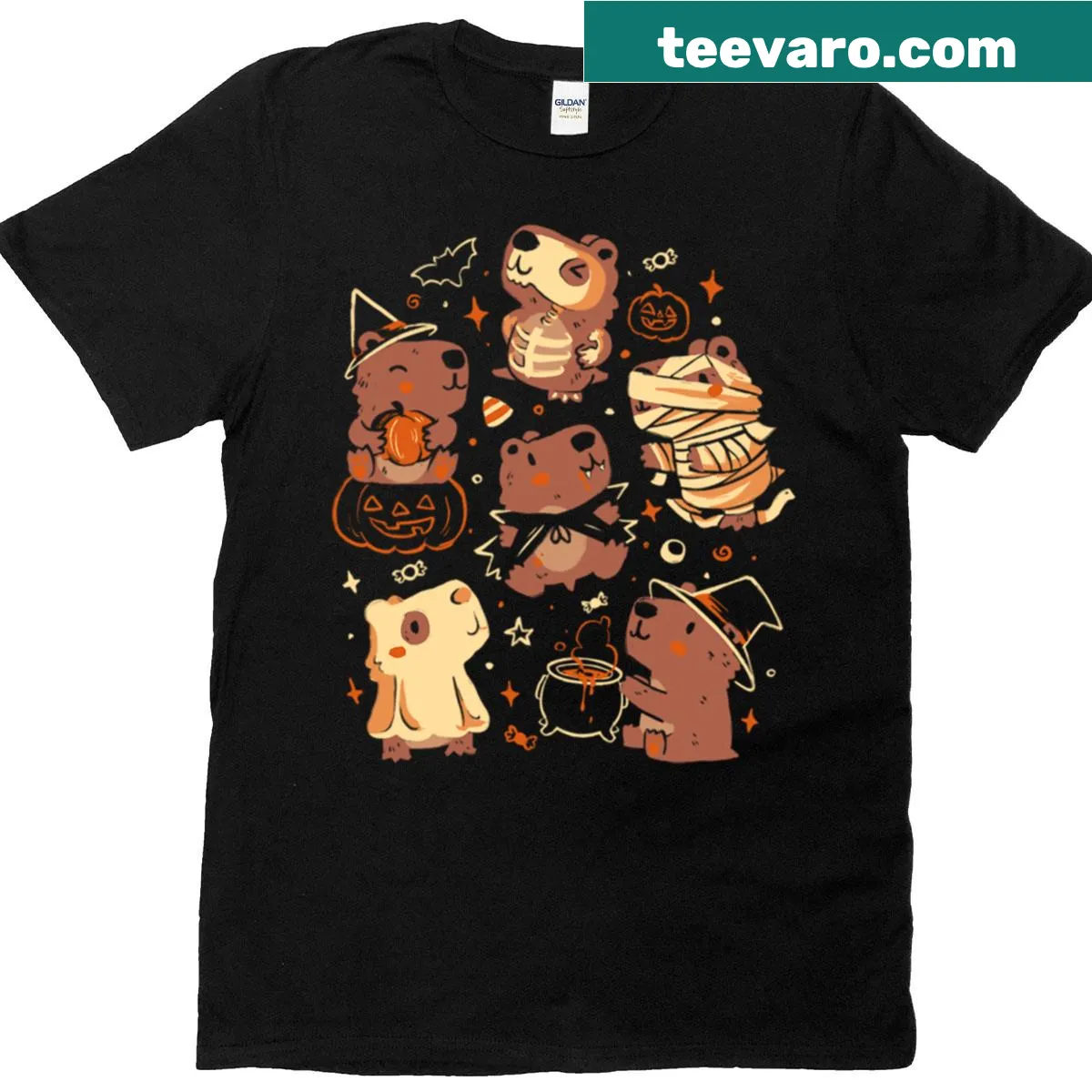 Illustrated spooky capybaras on a fun T-shirt — on a men's t-shirt