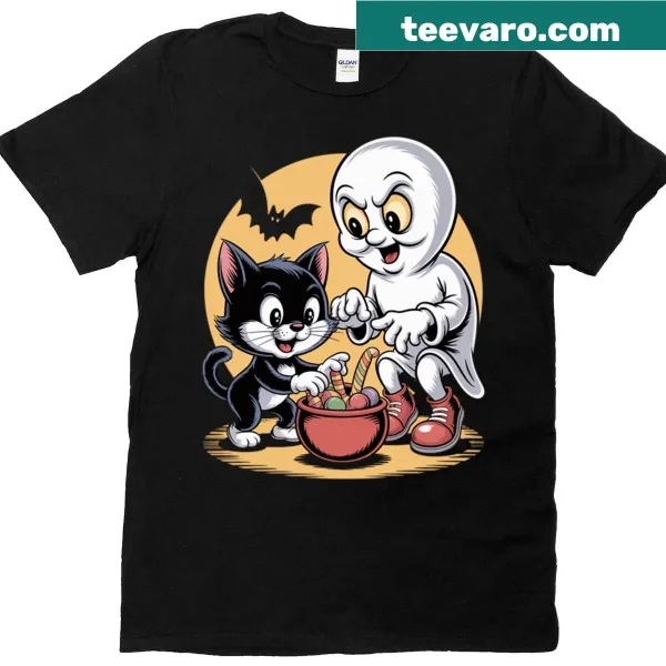 Playful Halloween themed t-shirt featuring various spooky snacks.
