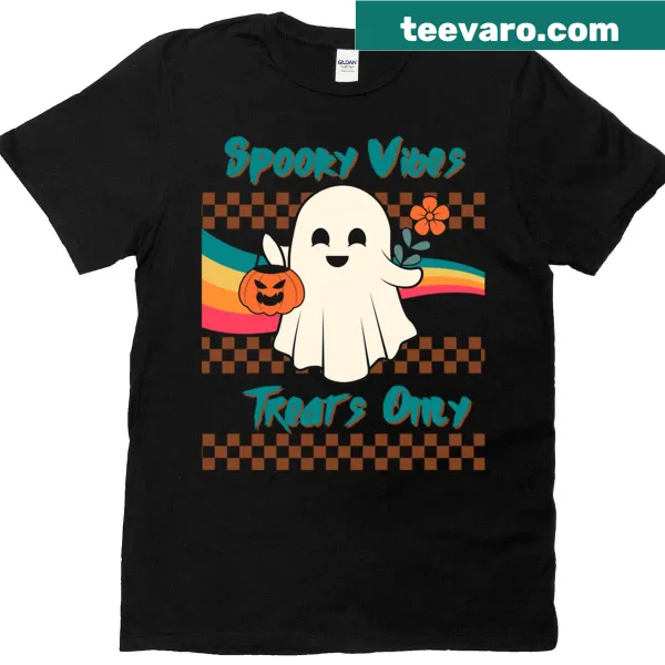 T-shirt with Halloween-themed text 'Spooky Vibes Treats Only'