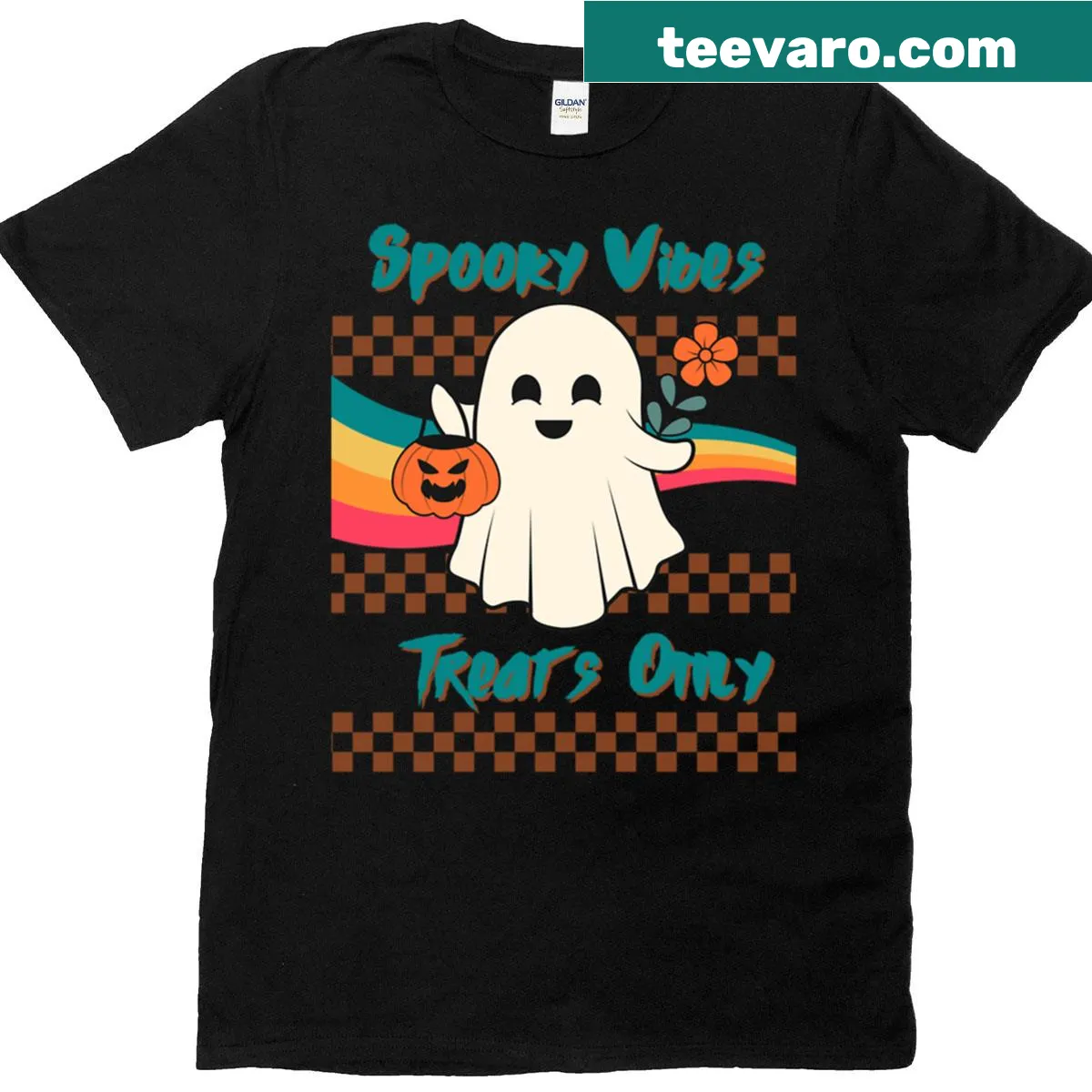T-shirt with Halloween-themed text 'Spooky Vibes Treats Only' — on a men's t-shirt