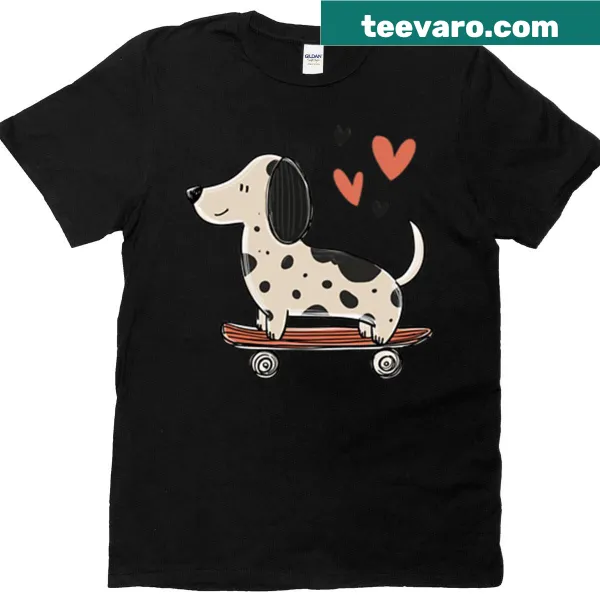 T-shirt featuring a spotted dachshund on a skateboard with heart doodles